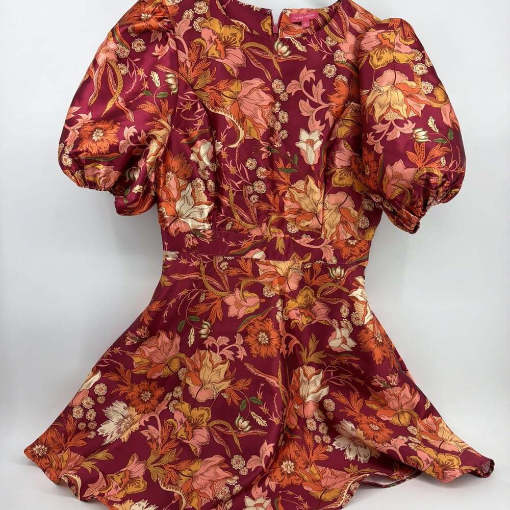 Flying Tomato Dress Mini Puff Sleeve Floral Red Coral Orange Satin Tropical Sz L